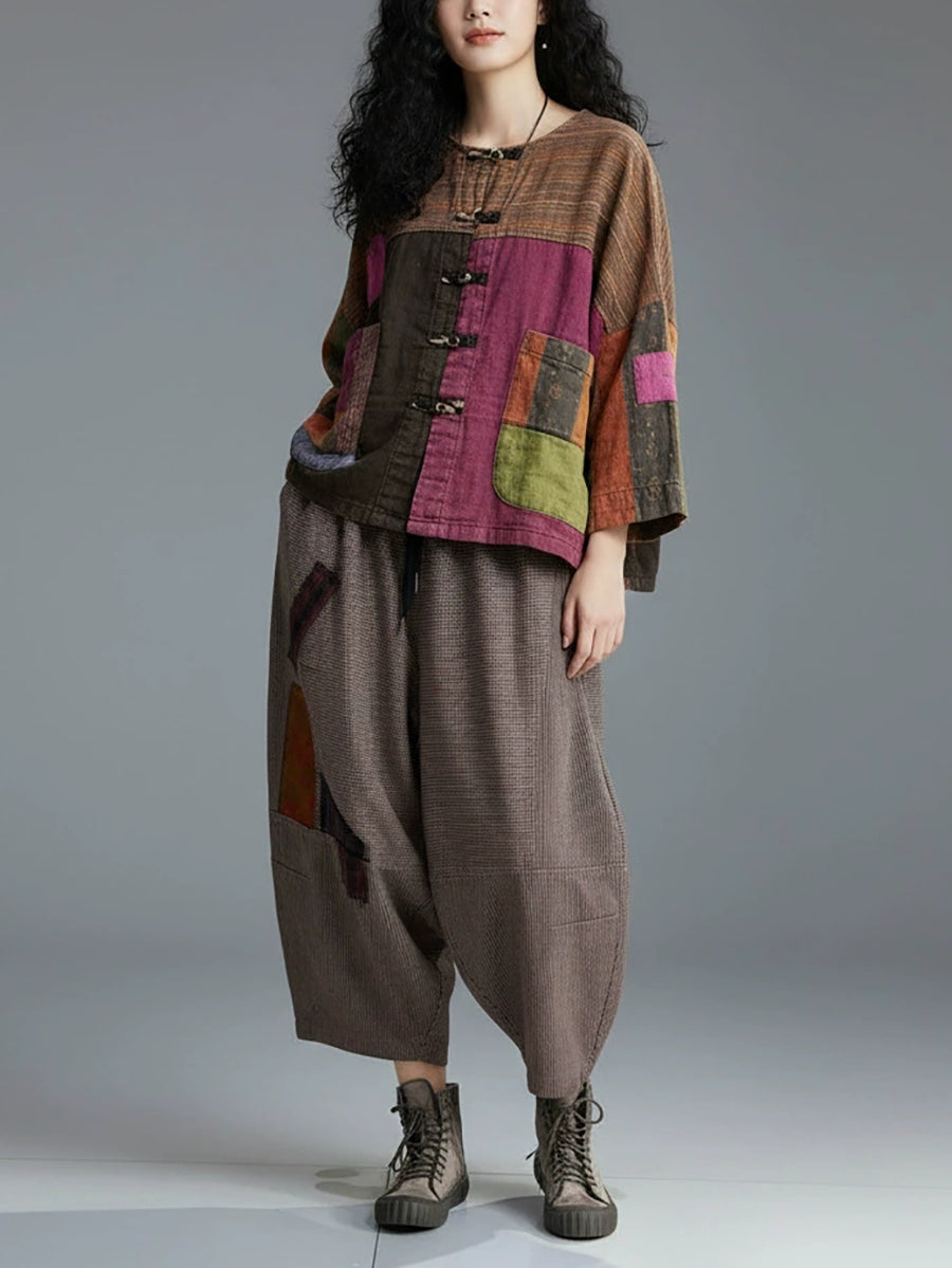 Women Vintage Long Sleeve Patchwork Jacket And Wide-Leg Pants Set