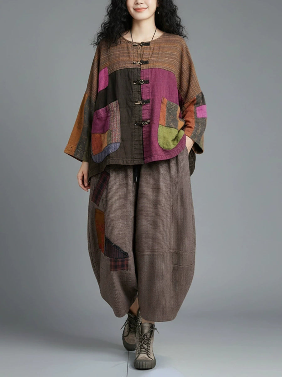Women Vintage Long Sleeve Patchwork Jacket And Wide-Leg Pants Set