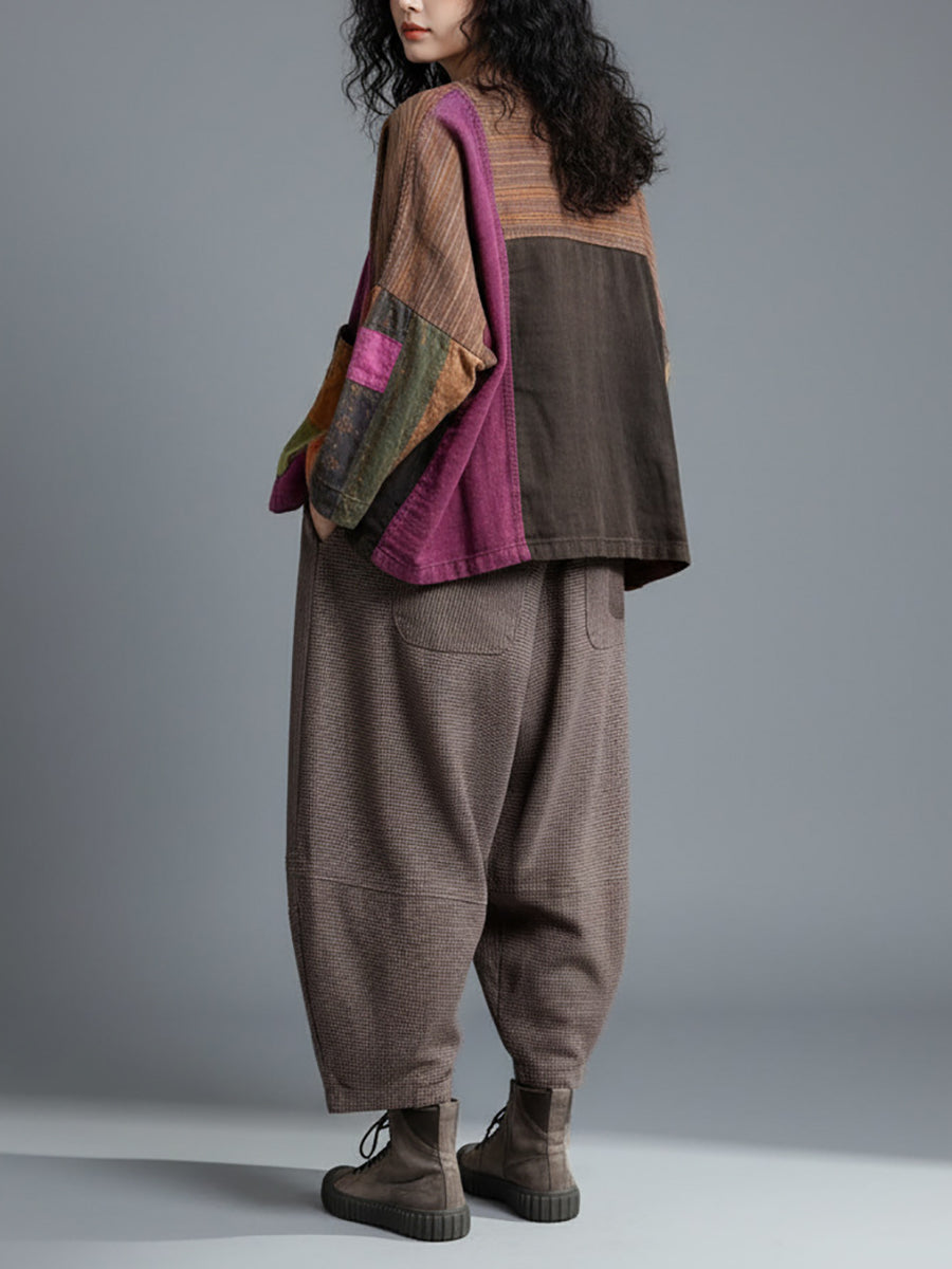 Women Vintage Long Sleeve Patchwork Jacket And Wide-Leg Pants Set