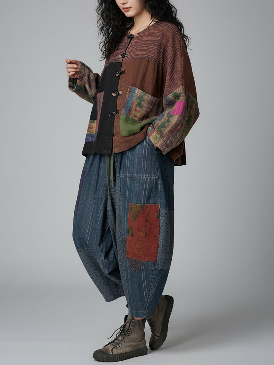 Women Vintage Long Sleeve Patchwork Jacket And Wide-Leg Pants Set