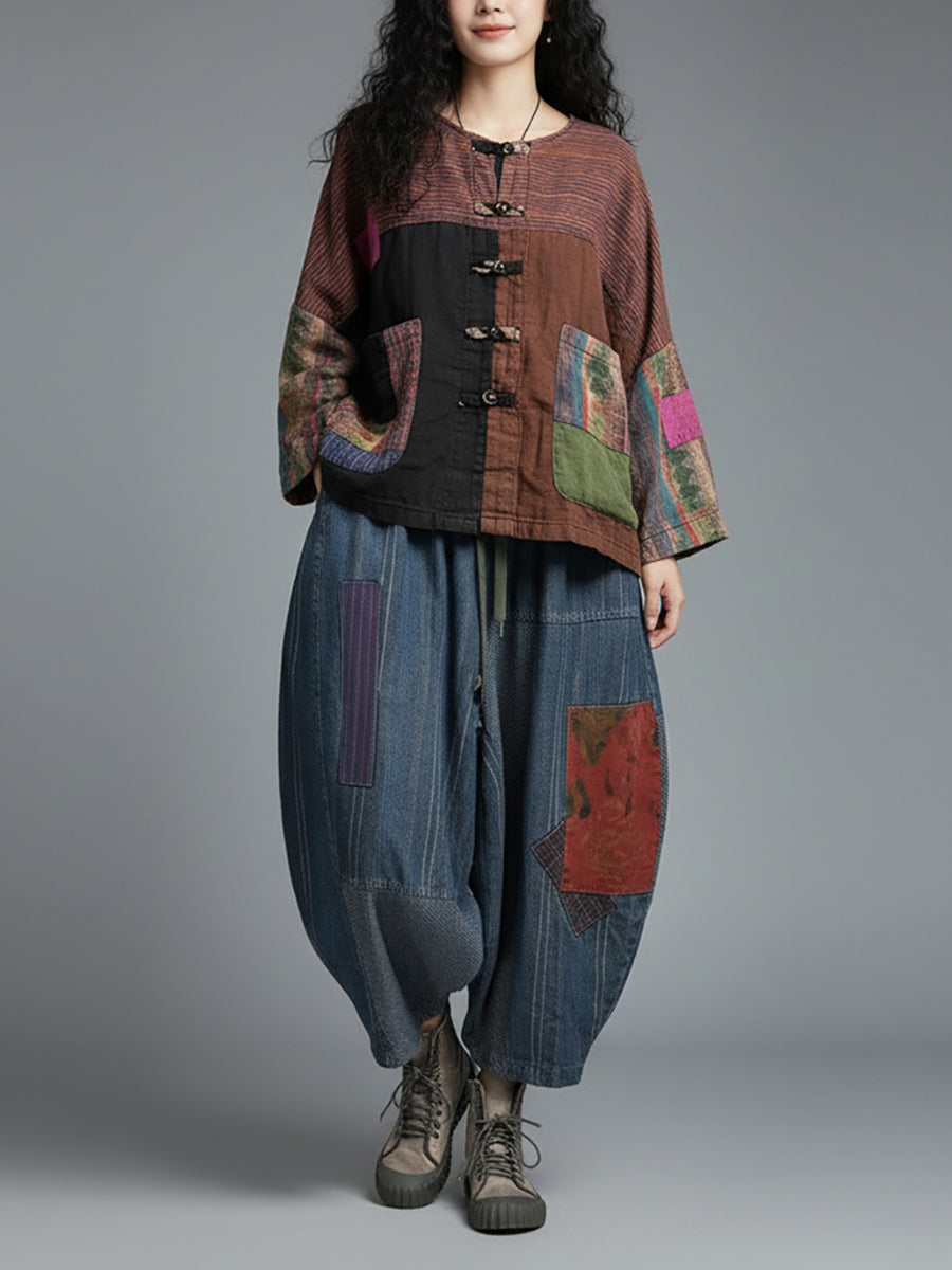 Women Vintage Long Sleeve Patchwork Jacket And Wide-Leg Pants Set