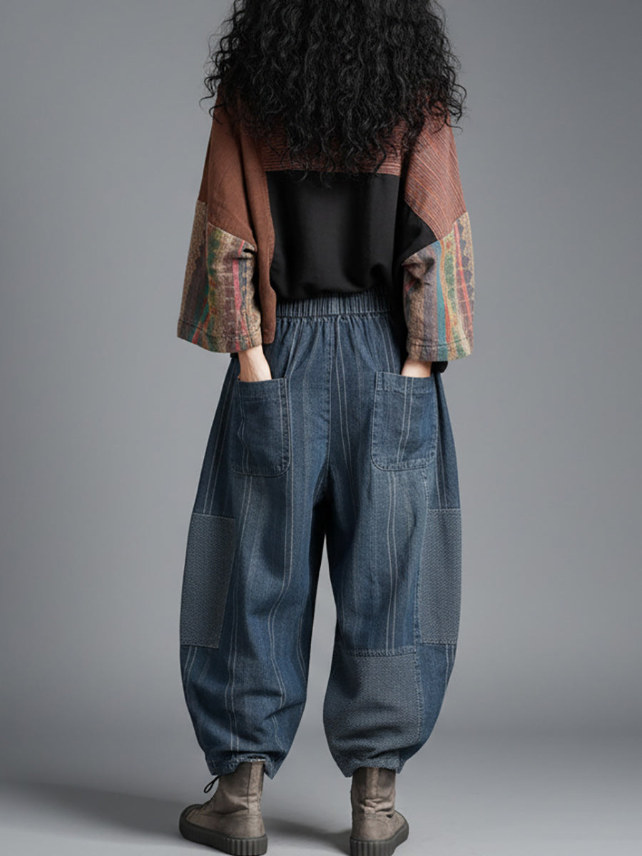 Women Vintage Long Sleeve Patchwork Jacket And Wide-Leg Pants Set