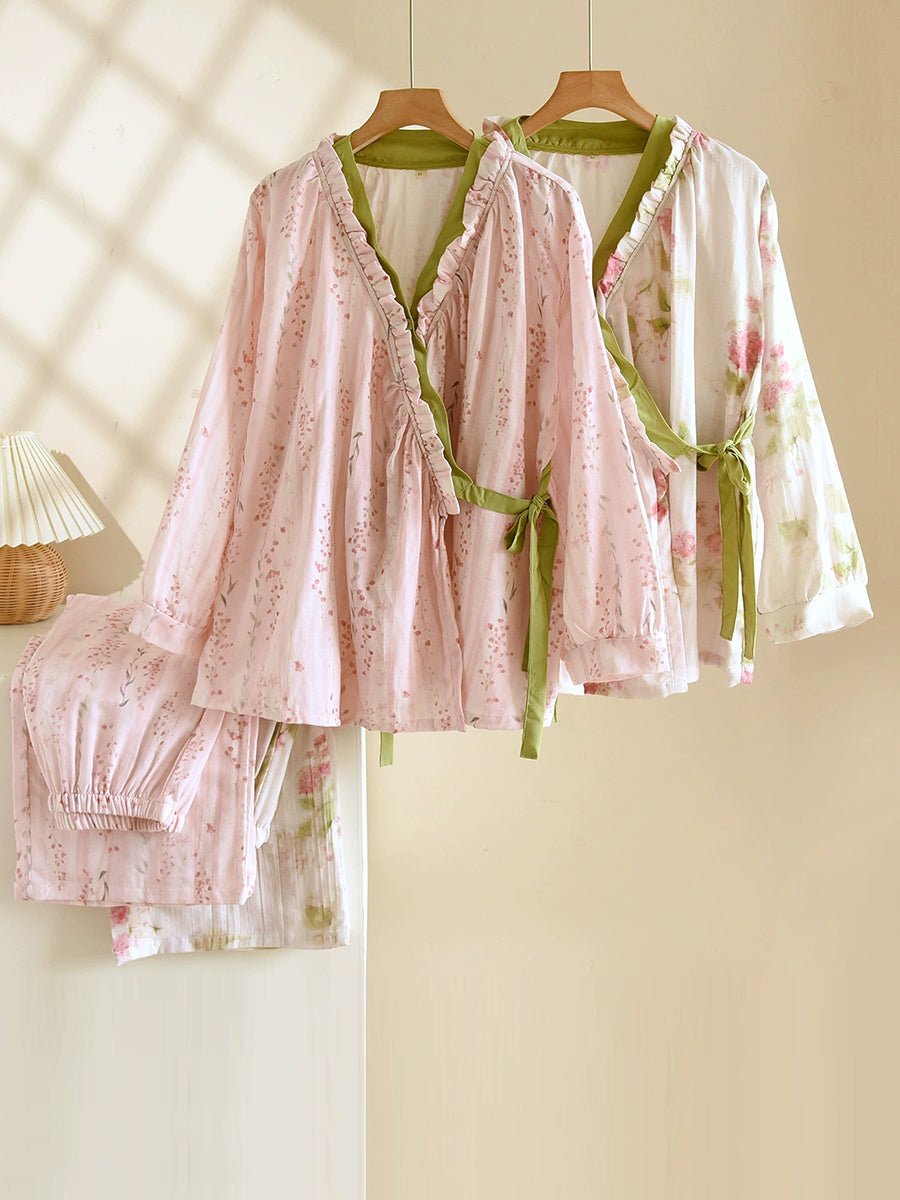 Plus Size Women Floral Spring Autumn Thin Cotton Tie-Front Pajamas