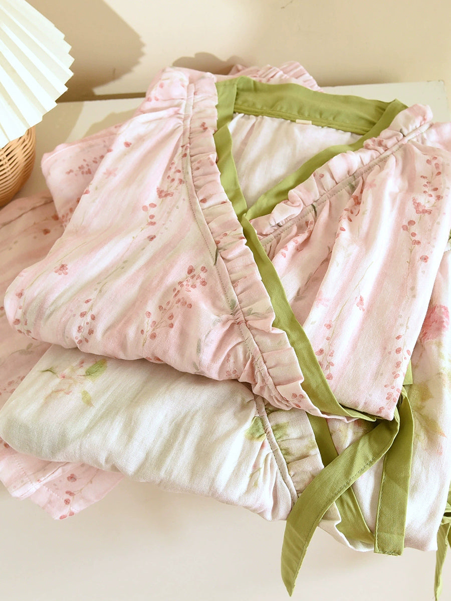 Plus Size Women Floral Spring Autumn Thin Cotton Tie-Front Pajamas