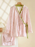 Plus Size Women Floral Spring Autumn Thin Cotton Tie-Front Pajamas