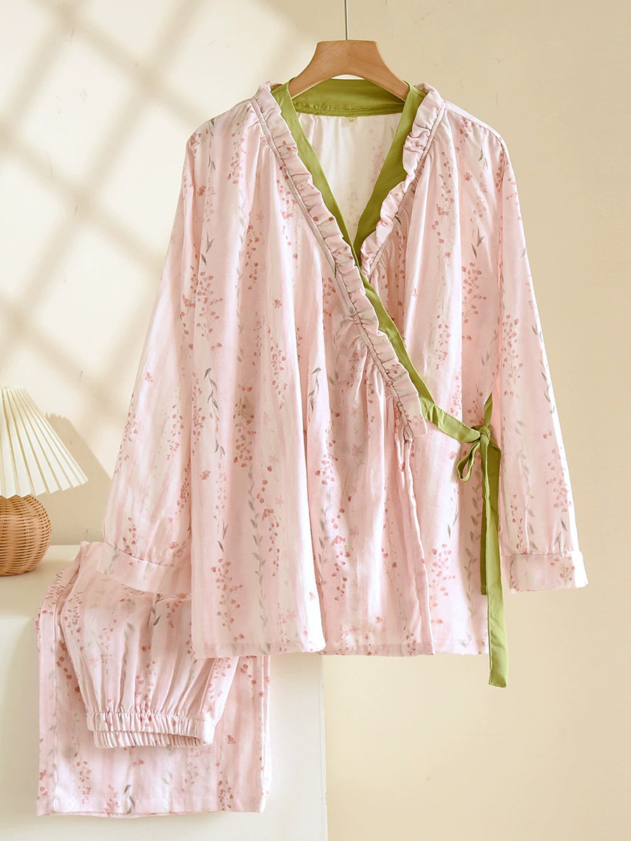 Plus Size Women Floral Spring Autumn Thin Cotton Tie-Front Pajamas