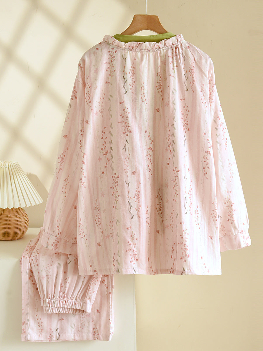 Plus Size Women Floral Spring Autumn Thin Cotton Tie-Front Pajamas