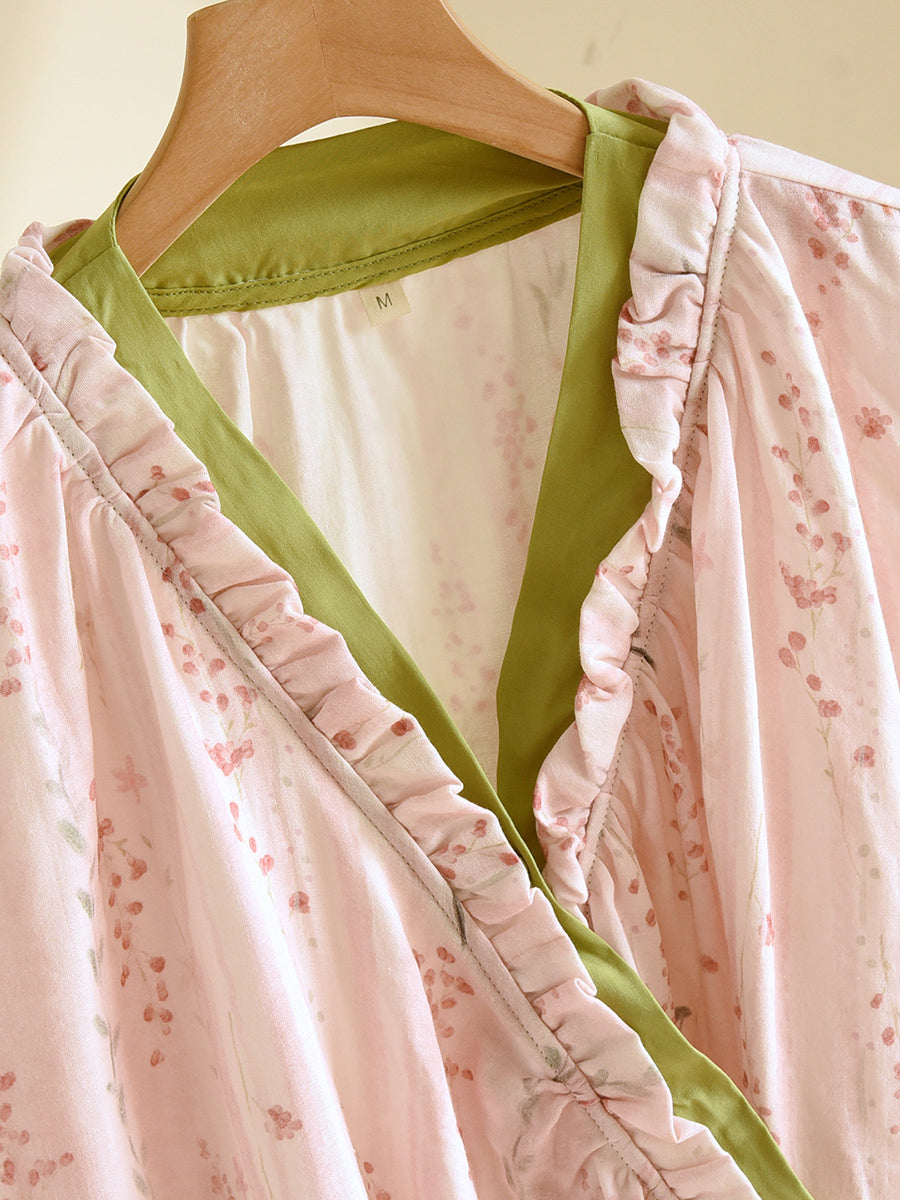 Plus Size Women Floral Spring Autumn Thin Cotton Tie-Front Pajamas