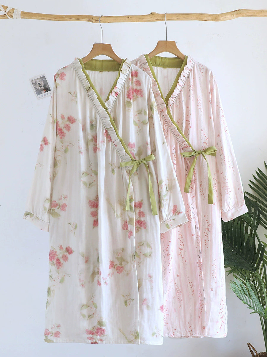 Plus Size Women Pure Cotton Wrap-Front Nightgown Robe