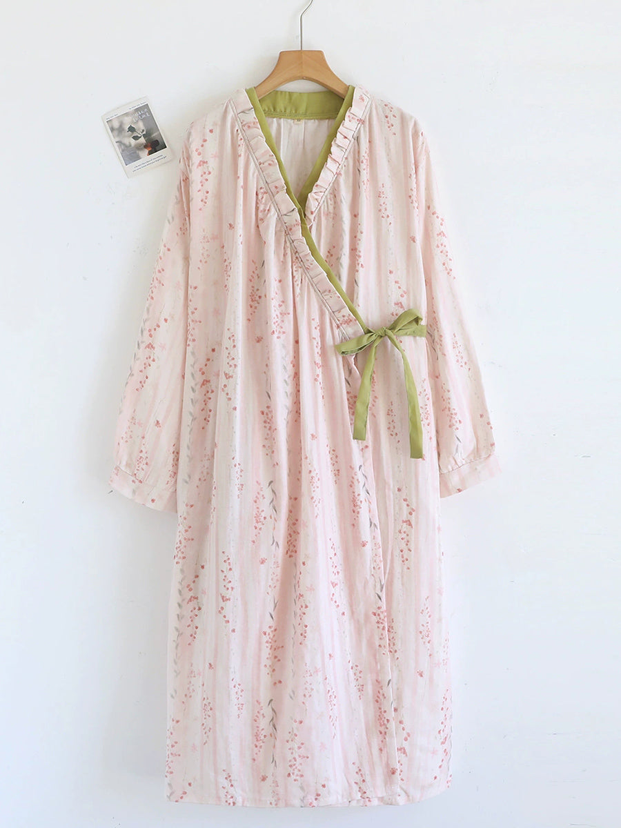 Plus Size Women Pure Cotton Wrap-Front Nightgown Robe