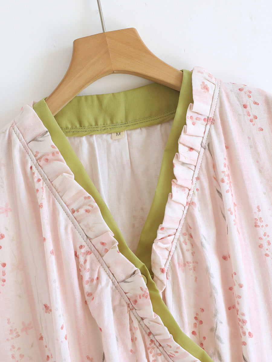 Plus Size Women Pure Cotton Wrap-Front Nightgown Robe