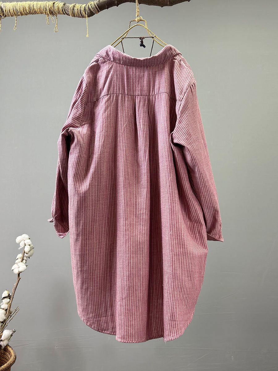 Plus Size Women Autumn Cotton Striped Lapel Long Shirt