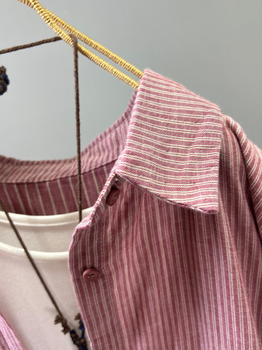 Plus Size Women Autumn Cotton Striped Lapel Long Shirt