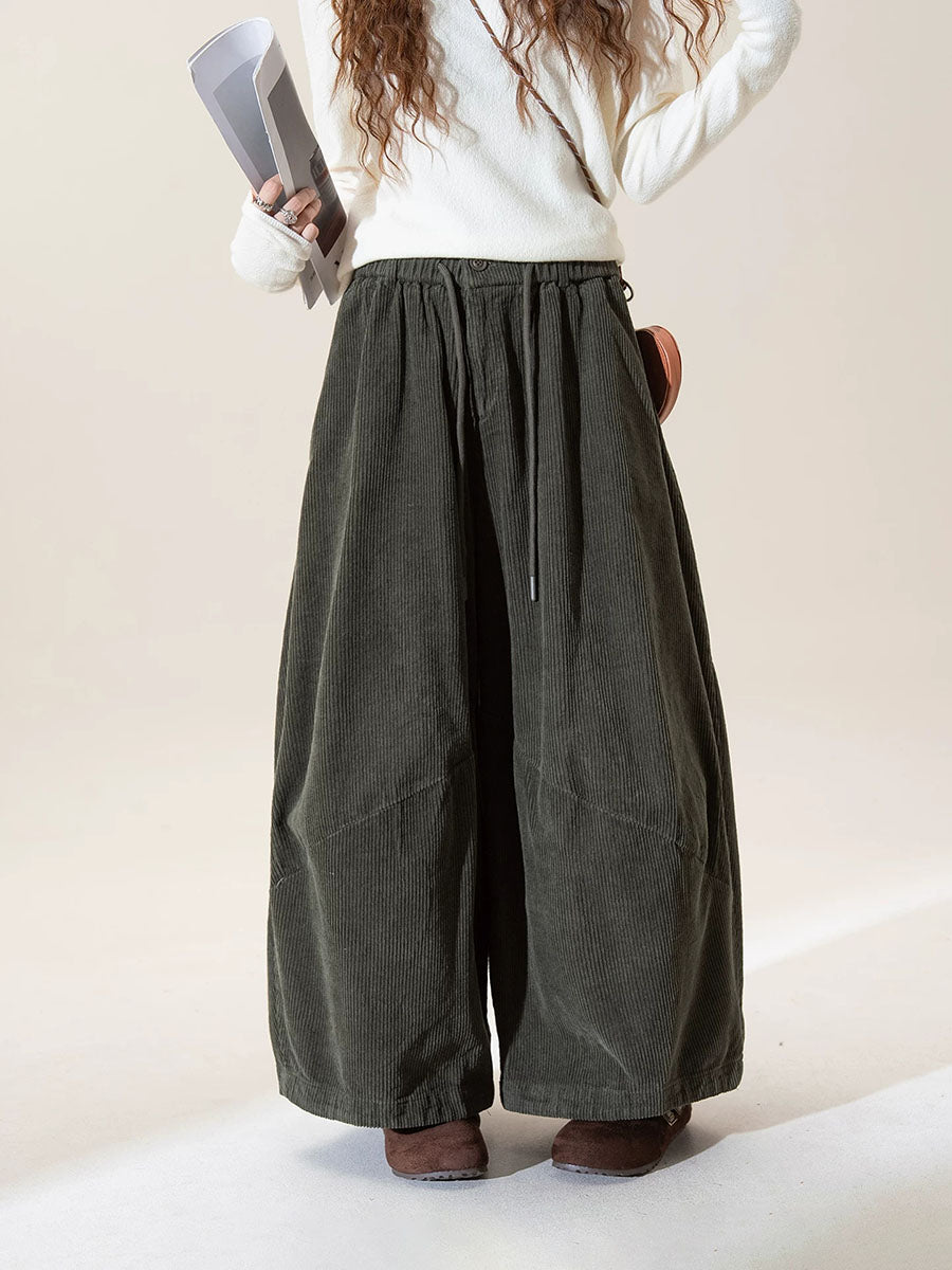 Plus Size Women Fall Vintage Cotton Wide-Leg Corduroy Pants