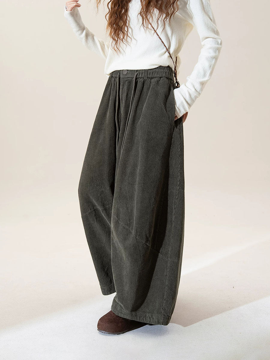 Plus Size Women Fall Vintage Cotton Wide-Leg Corduroy Pants