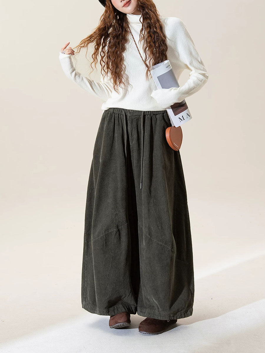 Plus Size Women Fall Vintage Cotton Wide-Leg Corduroy Pants