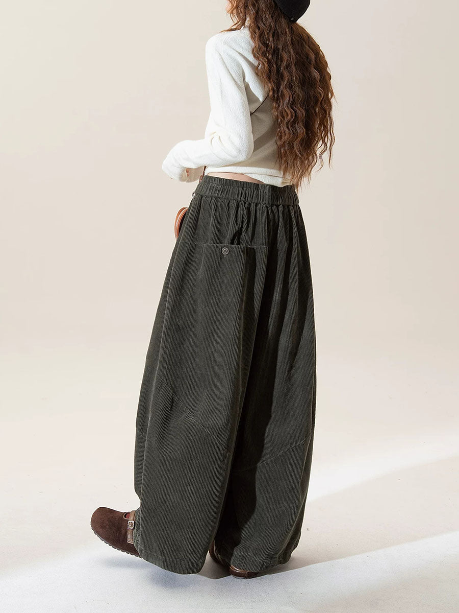 Plus Size Women Fall Vintage Cotton Wide-Leg Corduroy Pants