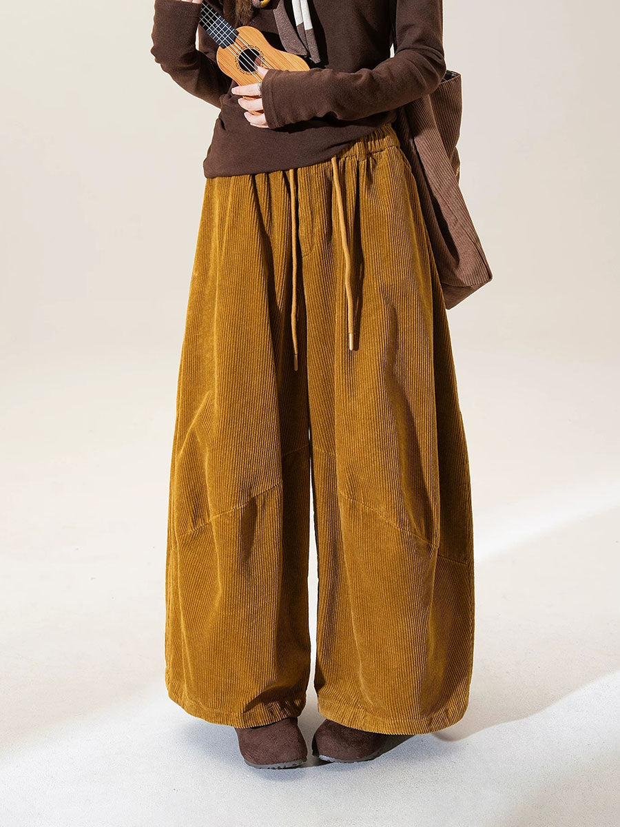 Plus Size Women Fall Vintage Cotton Wide-Leg Corduroy Pants