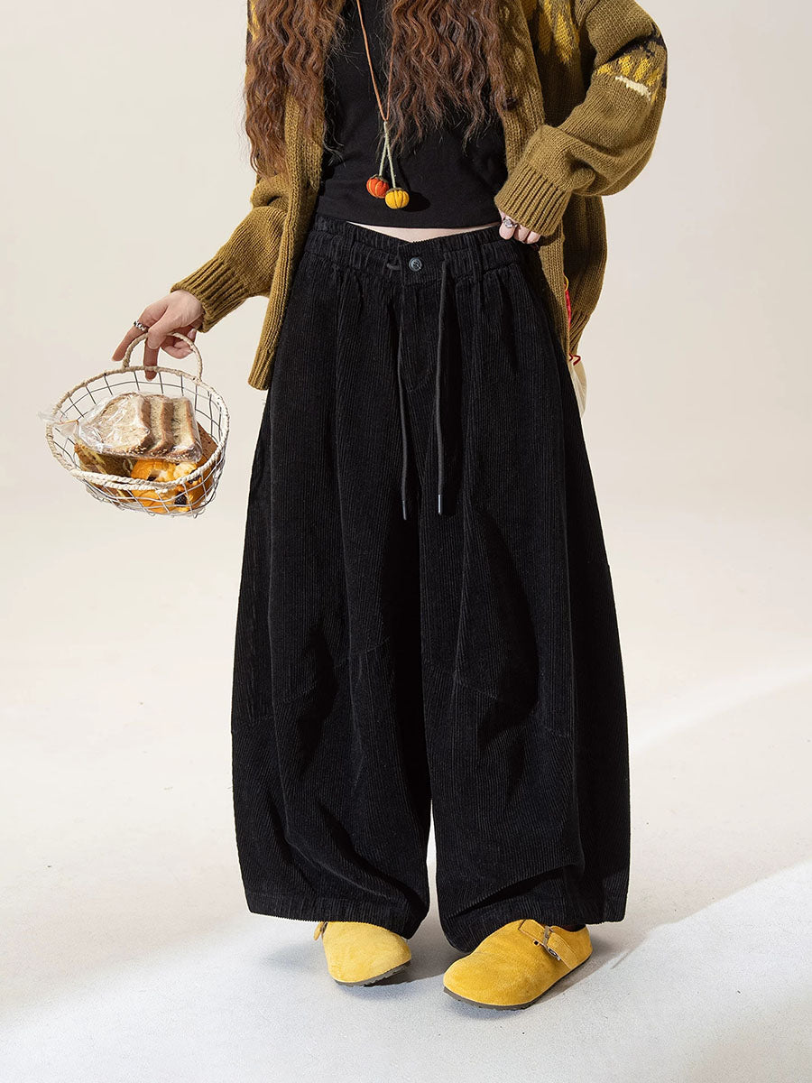Plus Size Women Fall Vintage Cotton Wide-Leg Corduroy Pants