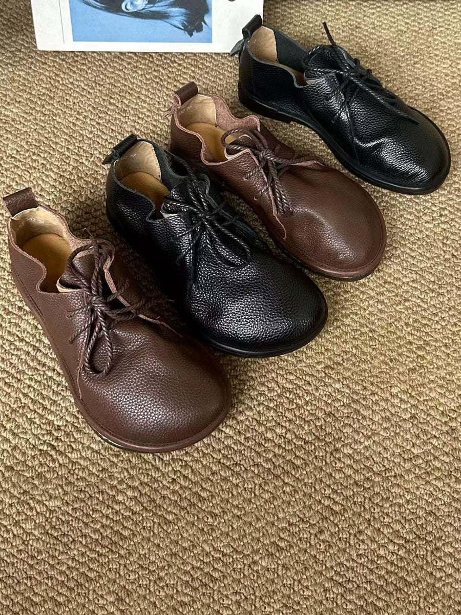Women Vintage Genuine Leather Lace-Up Flat Shoes