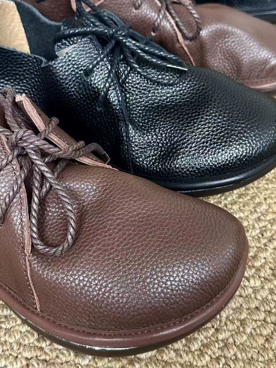 Women Vintage Genuine Leather Lace-Up Flat Shoes
