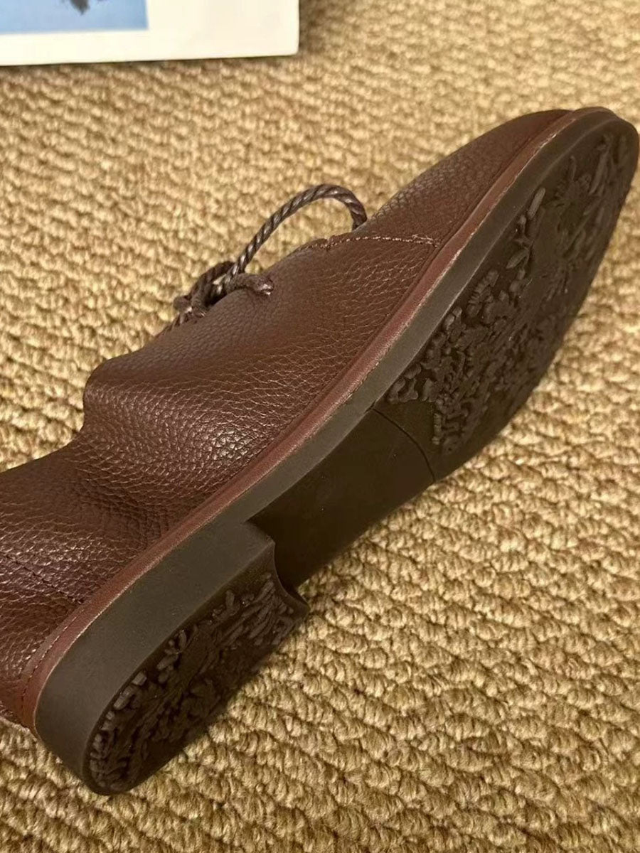 Women Vintage Genuine Leather Lace-Up Flat Shoes