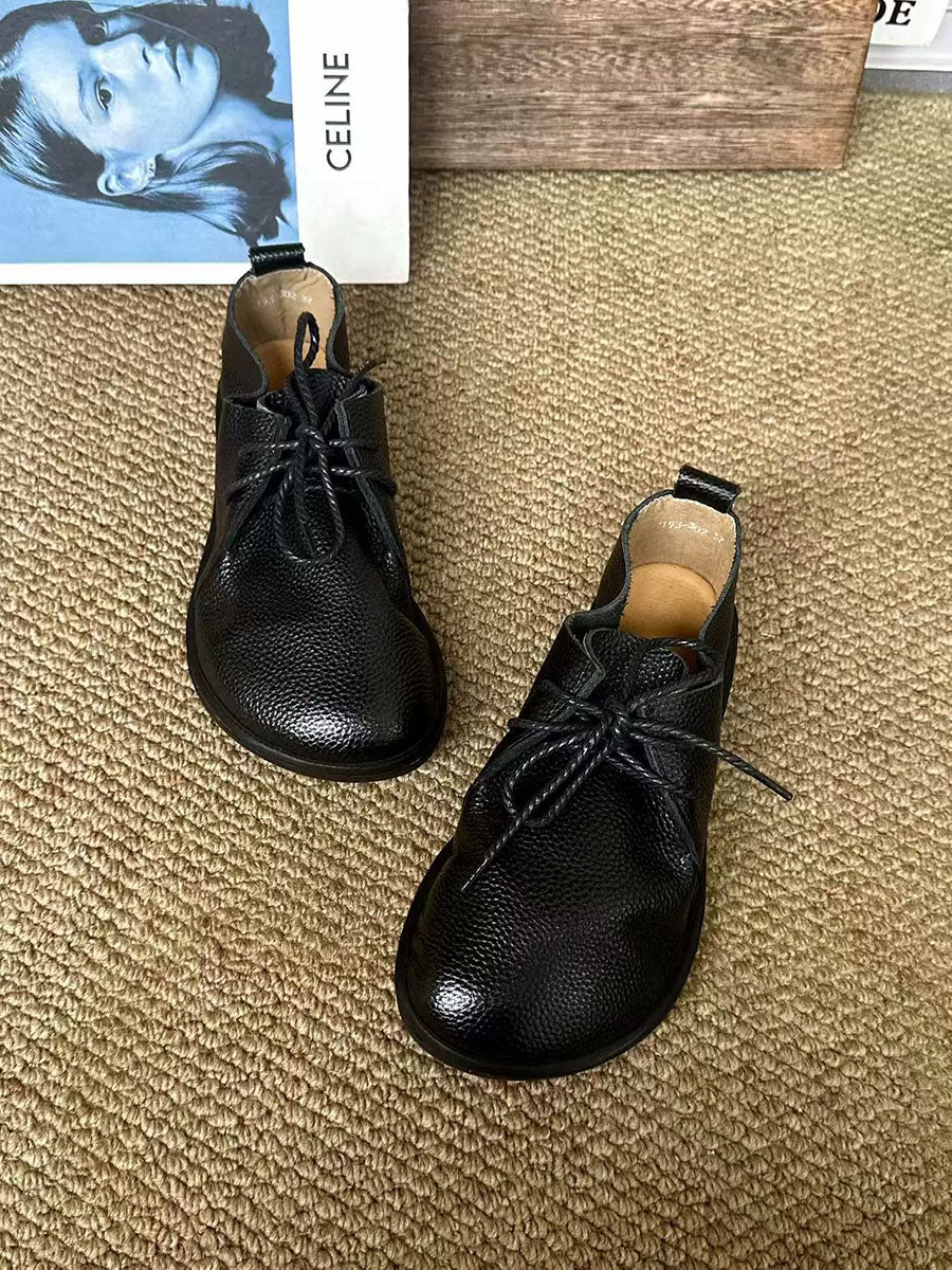 Women Vintage Genuine Leather Lace-Up Flat Shoes
