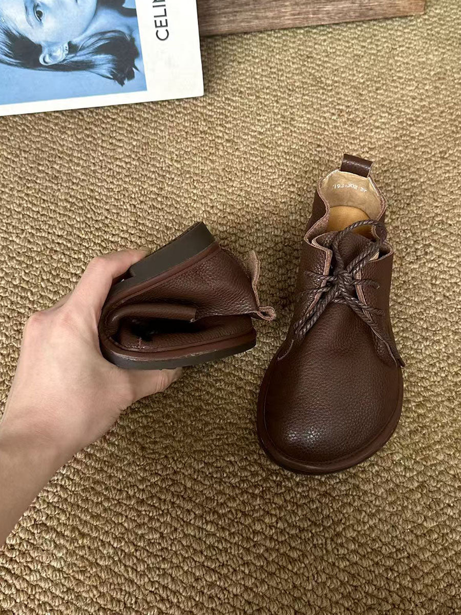 Women Vintage Genuine Leather Lace-Up Flat Shoes
