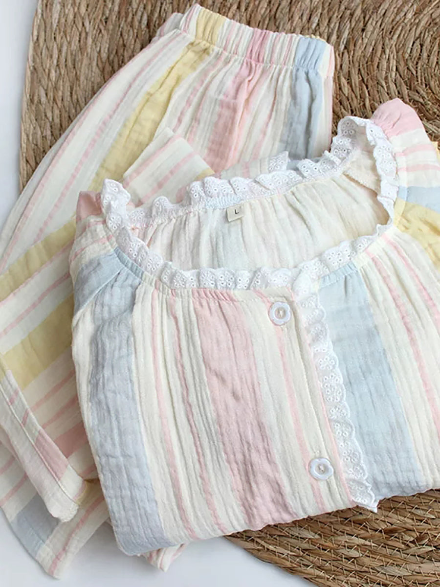 Plus Size Women Cotton Rainbow Stripe Double-Layer Gauze Ruffled Round Neck Pajama Set