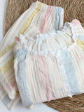 Plus Size Women Cotton Rainbow Stripe Double-Layer Gauze Ruffled Round Neck Pajama Set