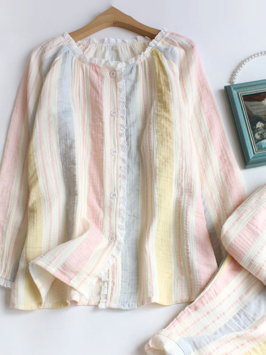 Plus Size Women Cotton Rainbow Stripe Double-Layer Gauze Ruffled Round Neck Pajama Set