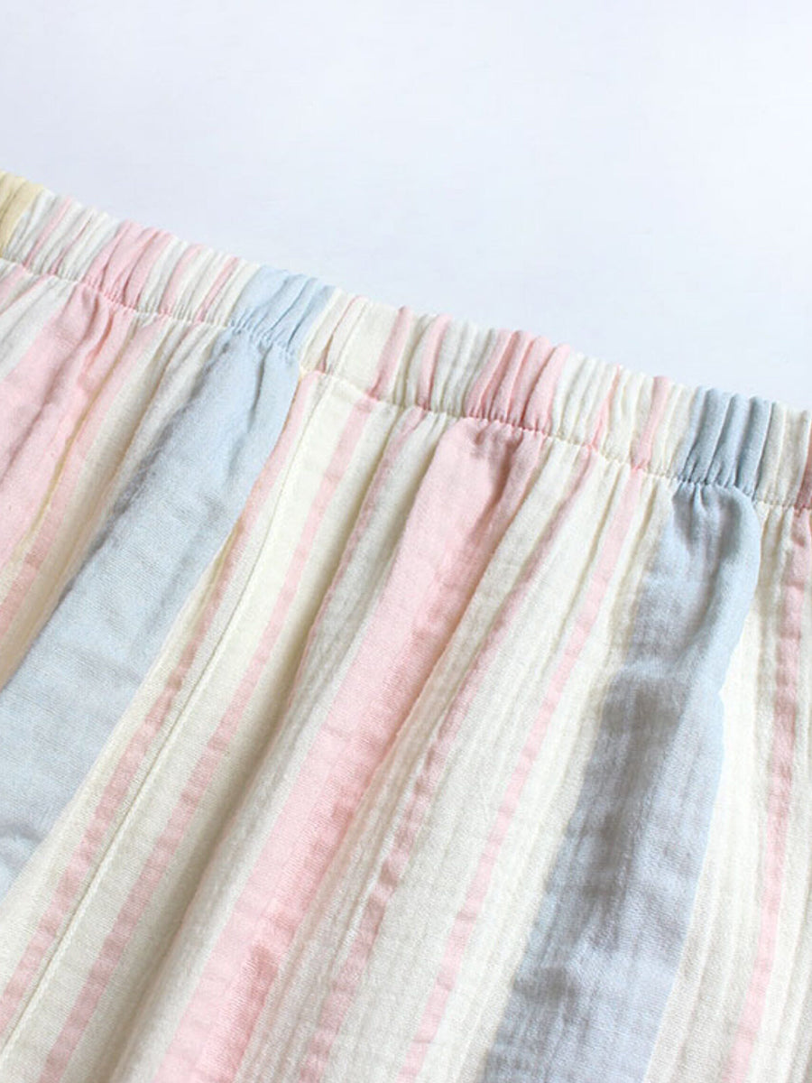 Plus Size Women Cotton Rainbow Stripe Double-Layer Gauze Ruffled Round Neck Pajama Set