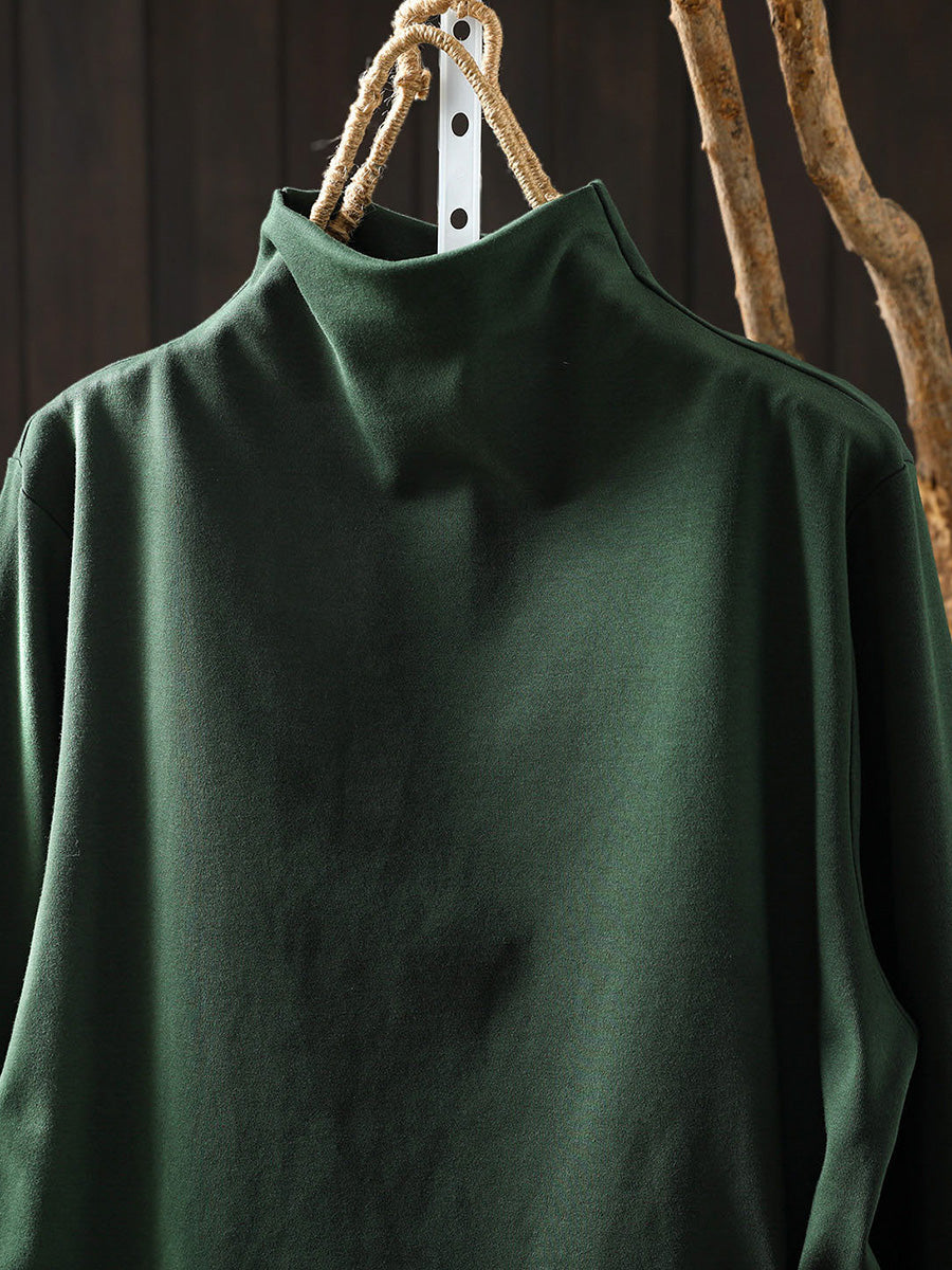 Plus Size Women Autumn Frog Button Mock Neck Long-Sleeve Tee – Versatile Autumn Base Layer