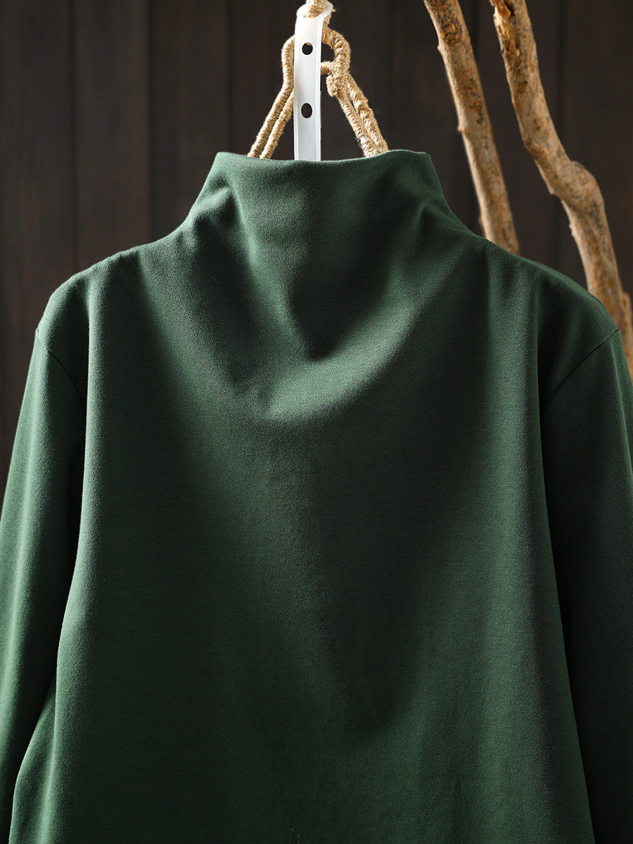 Plus Size Women Autumn Frog Button Mock Neck Long-Sleeve Tee – Versatile Autumn Base Layer