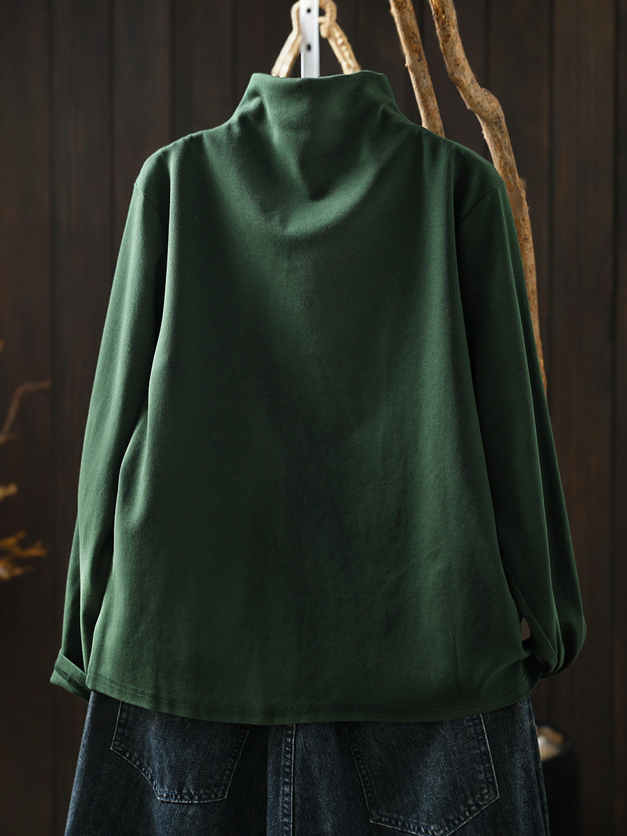 Plus Size Women Autumn Frog Button Mock Neck Long-Sleeve Tee – Versatile Autumn Base Layer