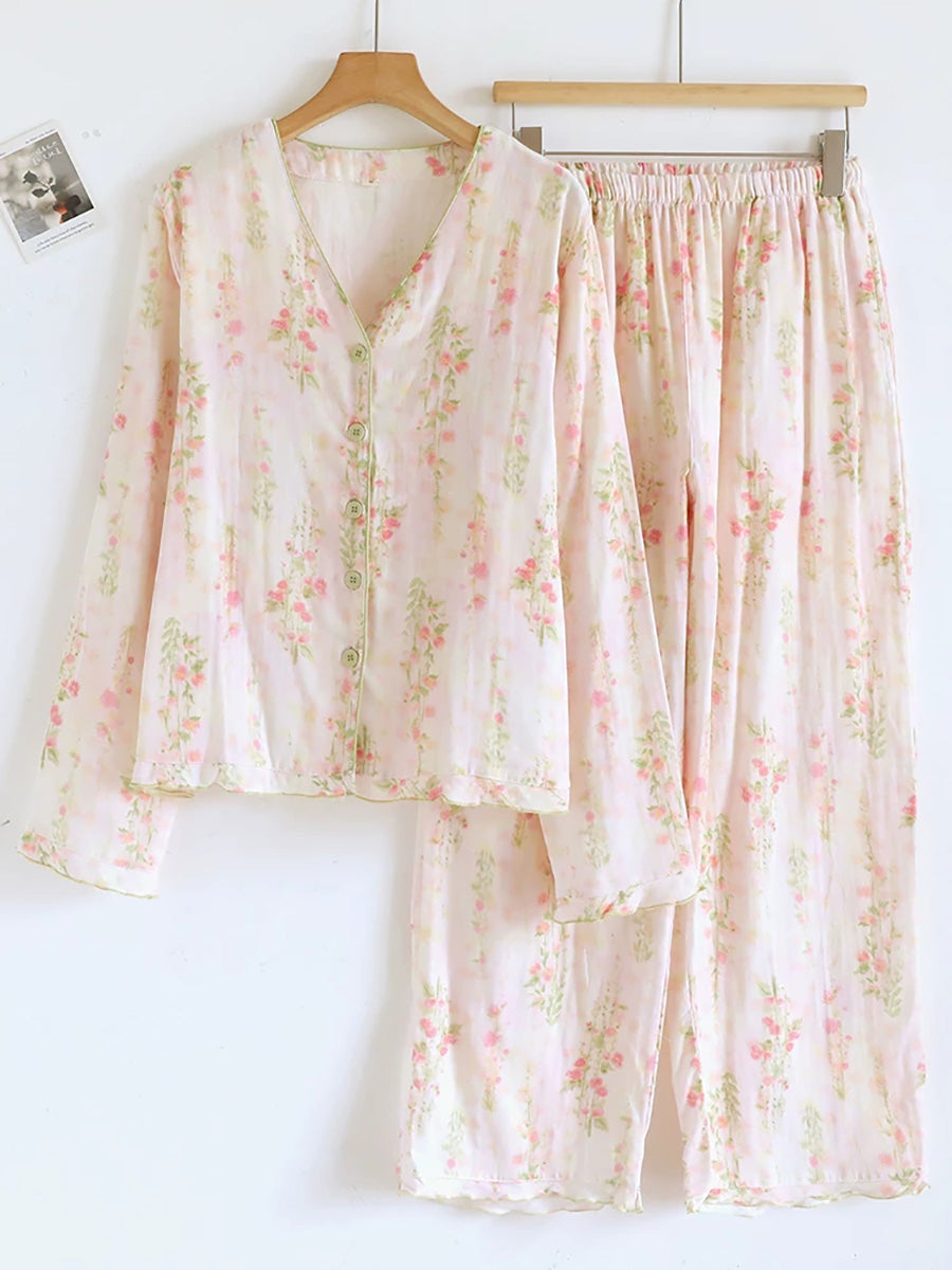 Plus Size Women Floral Print Minimalist V_Neck Cotton Pajama Set