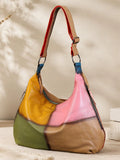 Women Leather Vintage Color-Block Patchwork Shoulder Bag