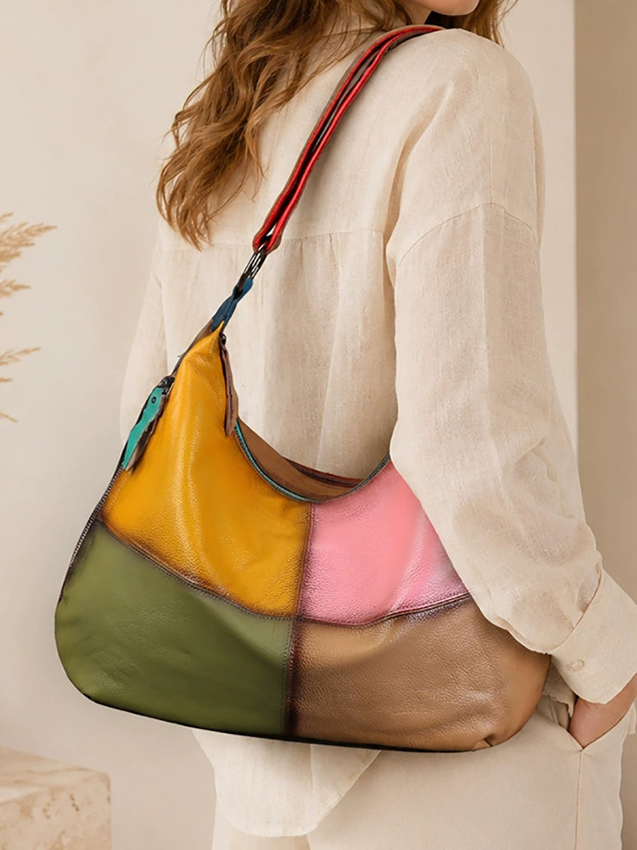 Women Leather Vintage Color-Block Patchwork Shoulder Bag