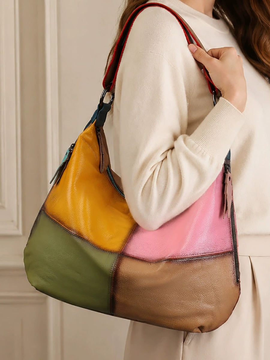 Women Leather Vintage Color-Block Patchwork Shoulder Bag