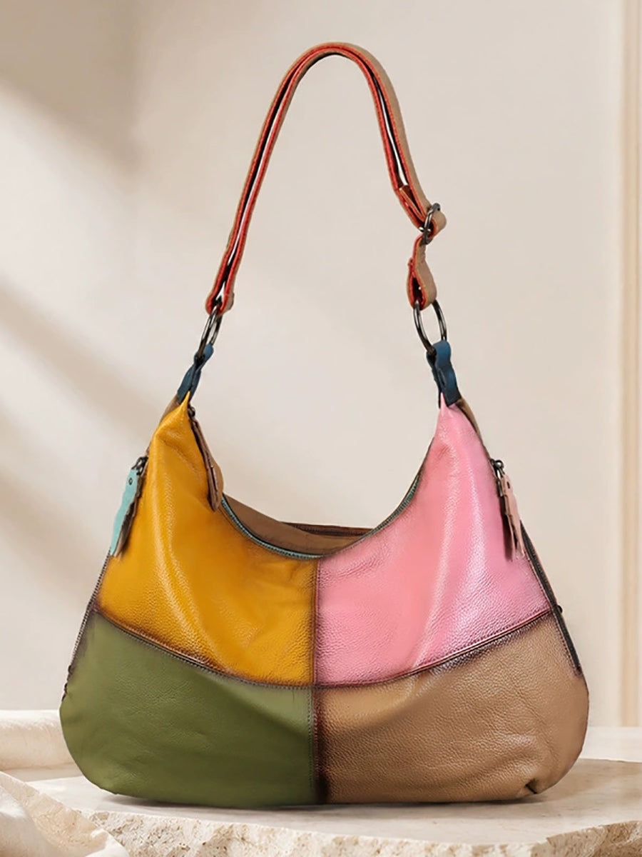 Women Leather Vintage Color-Block Patchwork Shoulder Bag