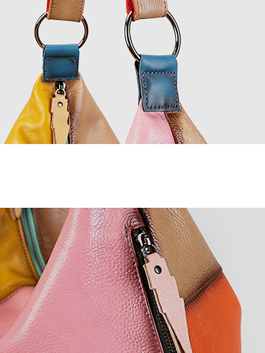 Women Leather Vintage Color-Block Patchwork Shoulder Bag