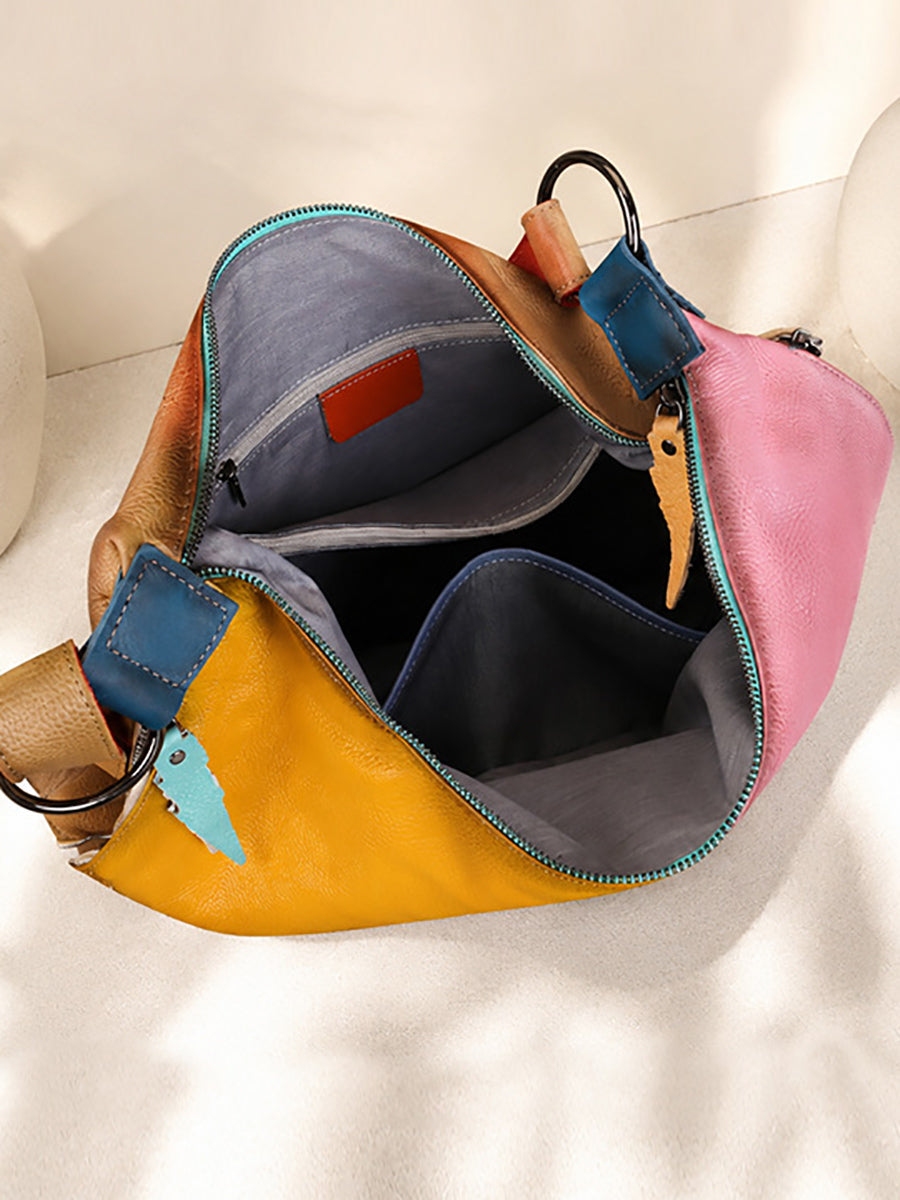 Women Leather Vintage Color-Block Patchwork Shoulder Bag