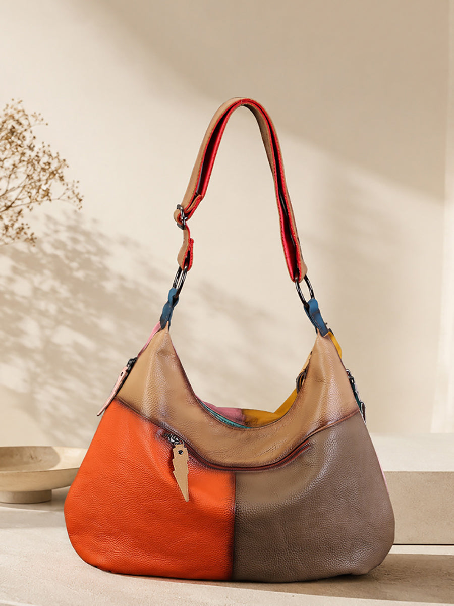 Women Leather Vintage Color-Block Patchwork Shoulder Bag