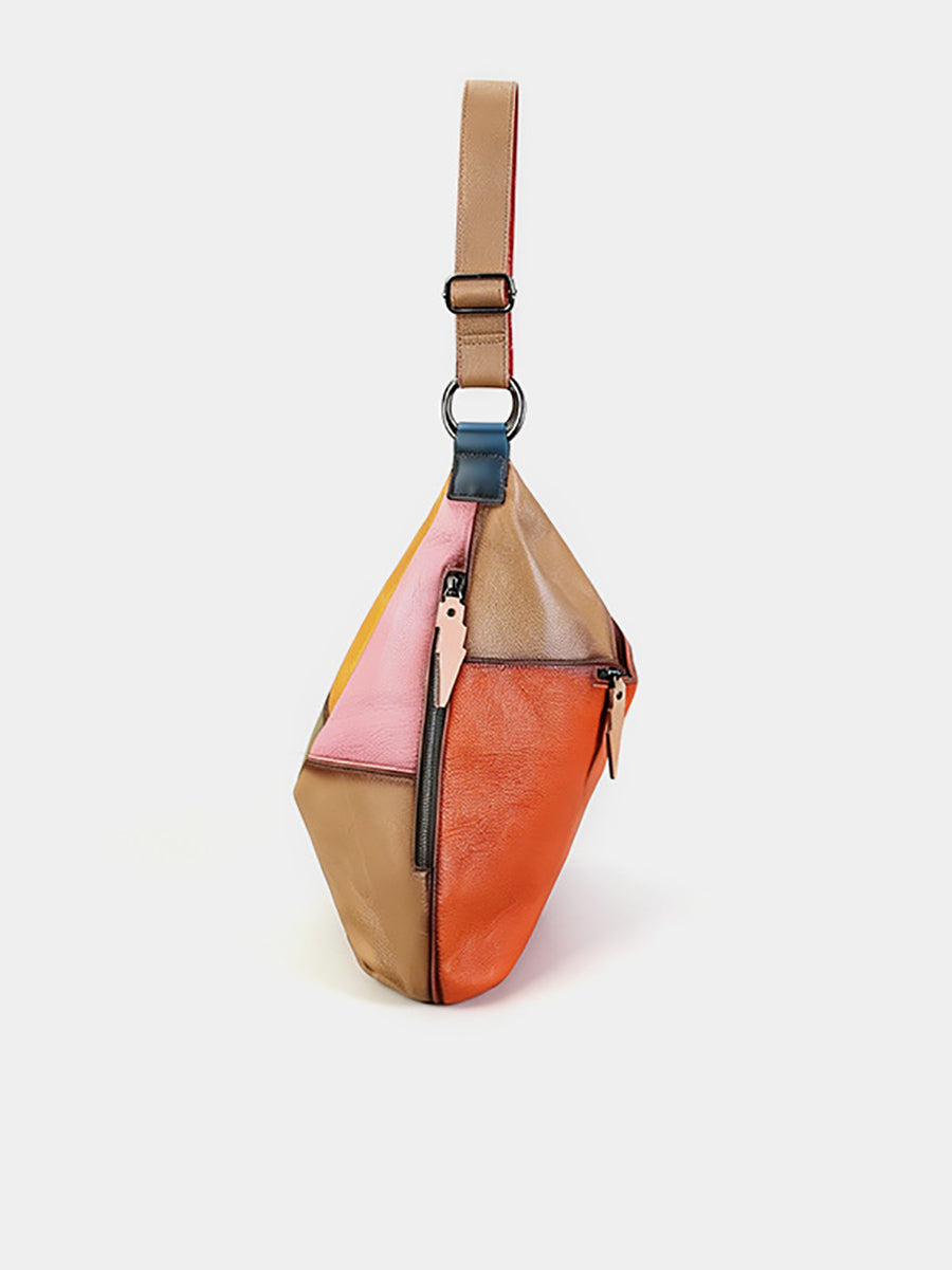 Women Leather Vintage Color-Block Patchwork Shoulder Bag