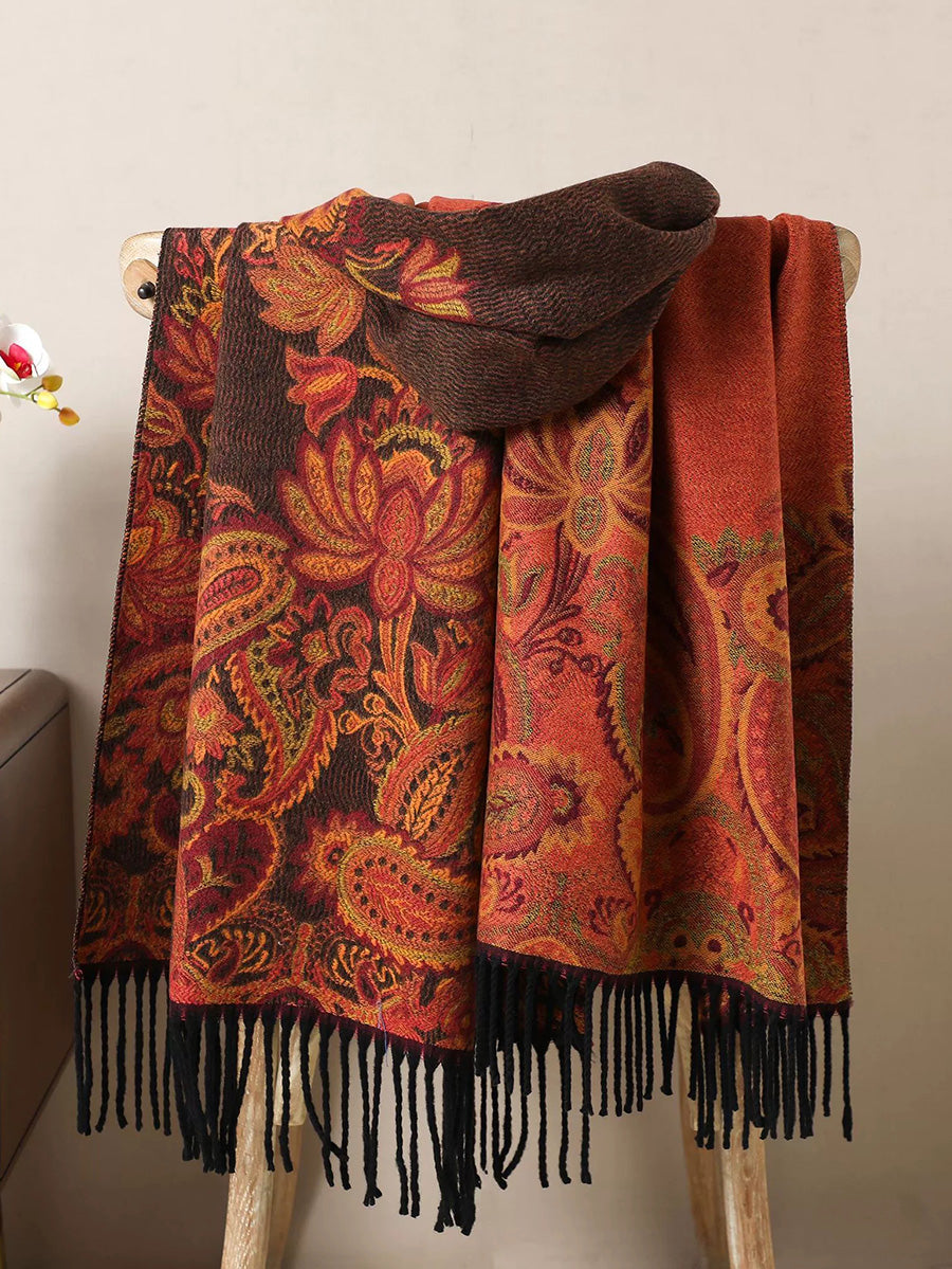 Women Reversible Two-Tone Paisley Fringed Shawl – Warm Versatile Travel Scarf