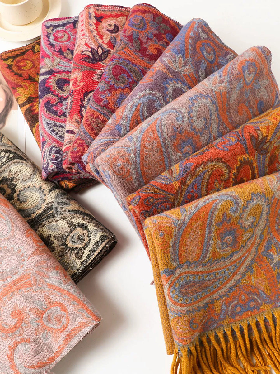 Women Reversible Two-Tone Paisley Fringed Shawl – Warm Versatile Travel Scarf