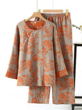Women Neo-Chinese Slant-Placket Cotton Gauze Pajama Set