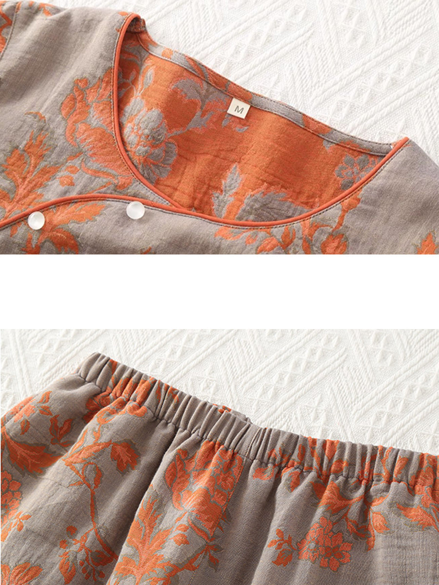 Women Neo-Chinese Slant-Placket Cotton Gauze Pajama Set