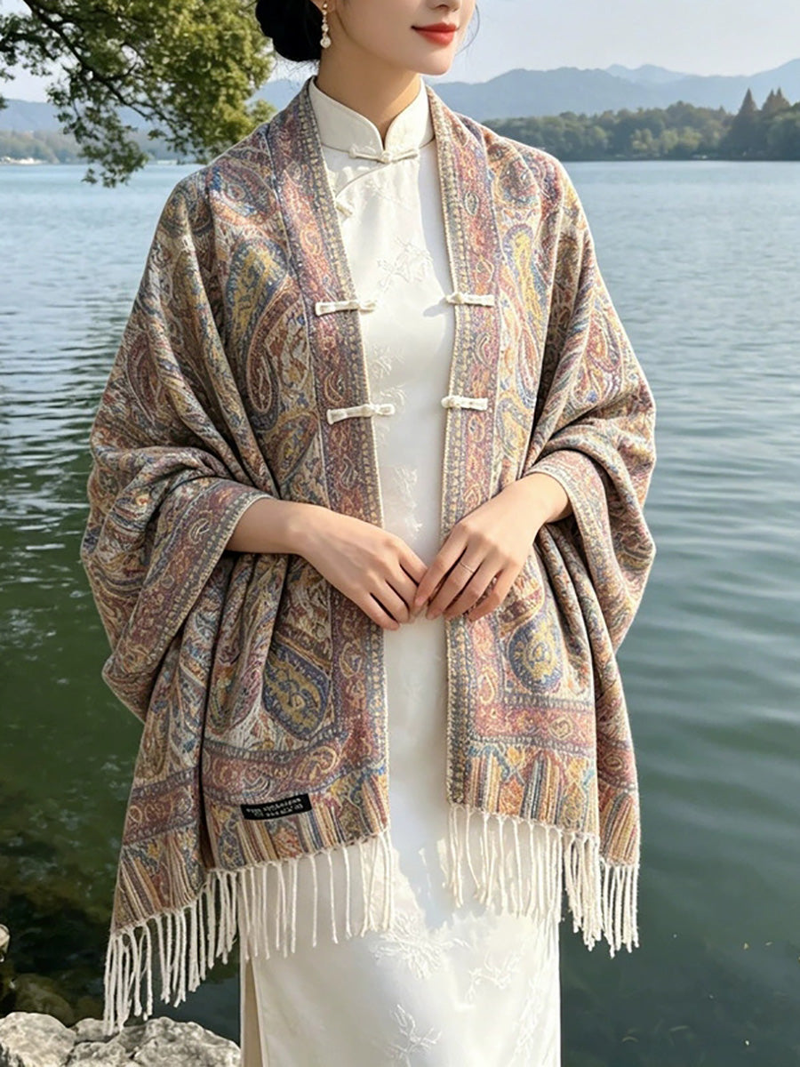 Women Faux Cashmere Jacquard Shawl – Paisley Fringed Chinese Knot