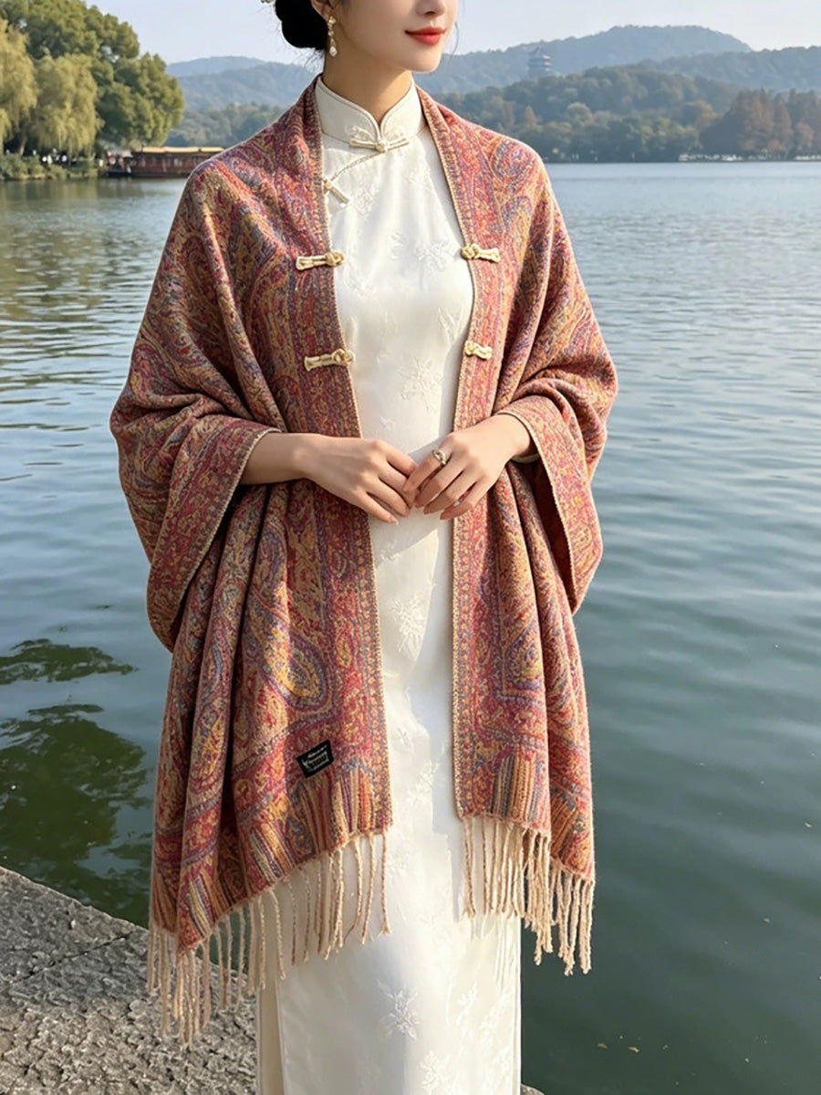 Women Faux Cashmere Jacquard Shawl – Paisley Fringed Chinese Knot